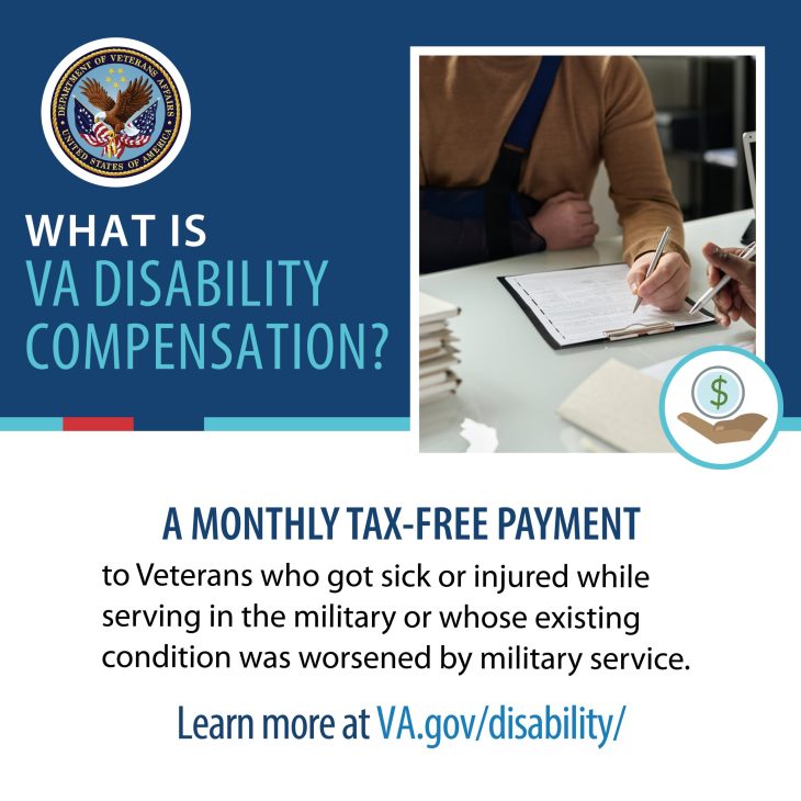 A person writing on a clipboard with their arm in a sling. Remaining image is a graphic that states "What is VA disability compensation? A monthly tax-free payment to Veterans who got sick or injured while serving in the military or whose existing condition was worsened by military service. Learn more at va.gov/disability/ "
